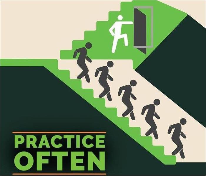 Image of figures going downstairs with green letters stating "Pracitice often"